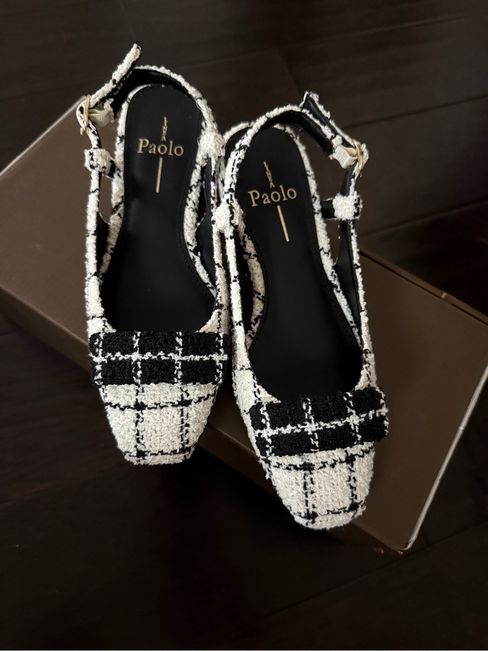 Sz 4 (rare) Línea Paolo Women's Black and White Tweed Slingback Flats